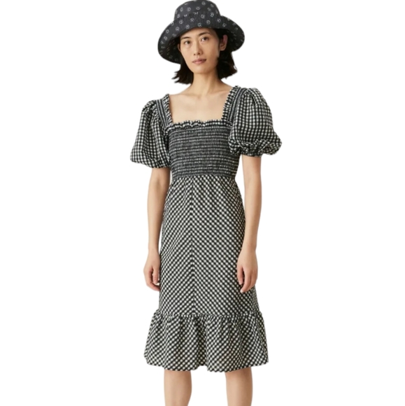 Ganni Searsucker Midi Dress Black White Plaid Check New With Tags Size 36 US 6 - Picture 2 of 10